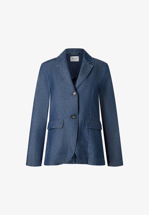 Damska dopasowana ciemnoniebieska marynarka z dwoma guzikami, kołnierzem z wycięciem i przednimi kieszeniami z patkami.