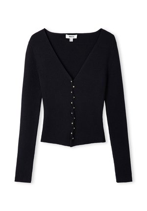 Pull en tricot côtelé noir avec un décolleté en V profond, manches longues et un ourlet cropped. Présente une rangée de boutons en métal doré à l'avant.