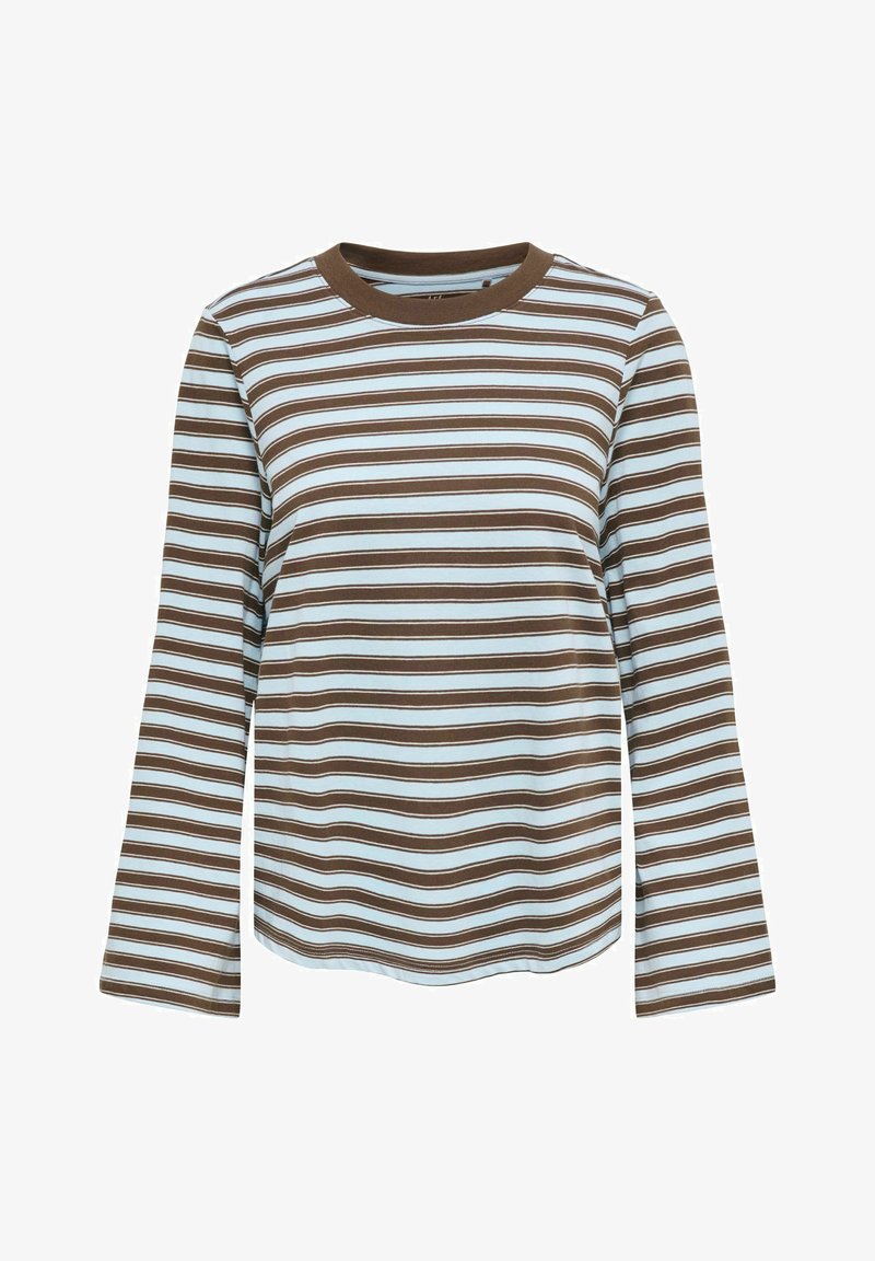 Chemise à manches longues avec des rayures horizontales marron et bleu clair et un col rond marron uni, présentée sur un fond blanc.