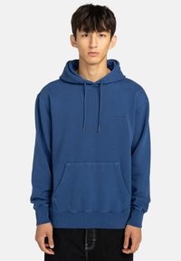 Blue hoodie made of cotton, featuring a front pocket, drawstring hood, and ribbed cuffs. Subtle logo on the chest. Smooth texture.