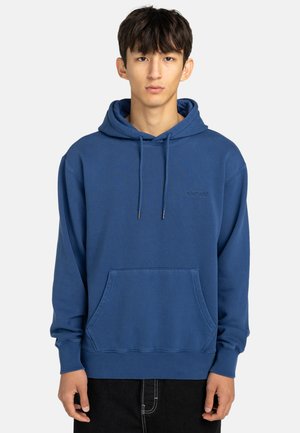 Blue hoodie made of cotton, featuring a front pocket, drawstring hood, and ribbed cuffs. Subtle logo on the chest. Smooth texture.