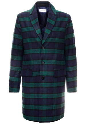 Manteau à carreaux bleu marine et vert, à simple boutonnage, col à cran, trois boutons noirs et poches à rabat à l'avant.