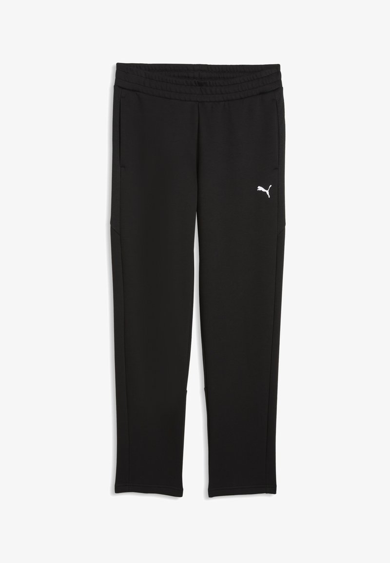 Pantaloni sport Puma negri cu talie elastică, buzunare laterale și logo Puma alb pe coapsa dreaptă.