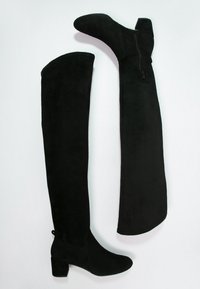 Knee-high black suede boots with a block heel, featuring a side zipper and a smooth texture, extending to just below the knee.