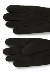 Guanti in pelle nera con una texture liscia e dettagli cuciti. Il design presenta cinque dita e una leggera piega al polsino.