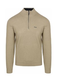 Beige rits-nekkpull met lange mouwen. Soepele gebreide textuur, geribbelde manchetten en zoom. Bevat een klein donker logo op de linkerkant van de borst.