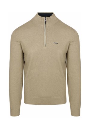 Beige rits-nekkpull met lange mouwen. Soepele gebreide textuur, geribbelde manchetten en zoom. Bevat een klein donker logo op de linkerkant van de borst.