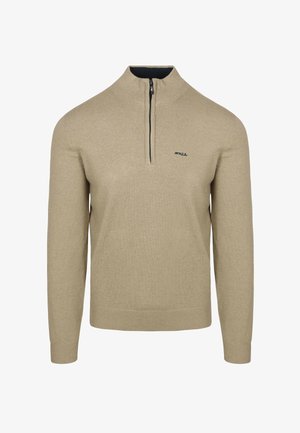Beige rits-nekkpull met lange mouwen. Soepele gebreide textuur, geribbelde manchetten en zoom. Bevat een klein donker logo op de linkerkant van de borst.