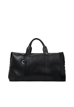 Borsa da viaggio in pelle nera con doppie maniglie superiori, tracolla rimovibile e logo in rilievo discreto nell'angolo anteriore.