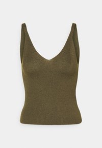 Oliwkowa, prążkowana koszulka na ramiączkach z głębokim dekoltem w kształcie litery V i szerokimi ramiączkami, charakteryzująca się dopasowanym krojem i gładką teksturą.