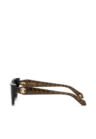 Black rectangular sunglasses with tiger-striped arms, gold decorative emblem on the temples, and brand markings inside the arms.