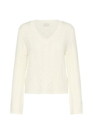 Cream-colored cable knit sweater with long sleeves and V-neck collar, featuring a textured braided pattern throughout.