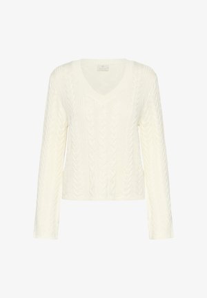 Cream-colored cable knit sweater with long sleeves and V-neck collar, featuring a textured braided pattern throughout.