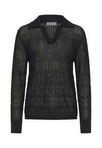 Črn pleten pulover z V-izrezom in ovratnikom, ki vsebuje teksturiran geometrični vzorec ter rebrastimi manšetami in robom. Odprt dizajn pletenja.