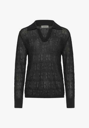 Pulover tricotat negru cu decolteu în V și guler, având un model geometric texturat și manșete și tiv côtelat. Design cu țesătură deschisă.