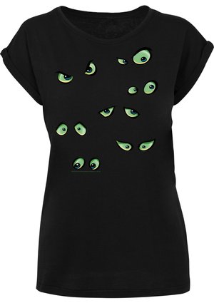 Sort T-shirt med korte ærmer, der har et grafik af forskellige grønne øjne med blå accenter trykt foran. Blødt stof, casual pasform.