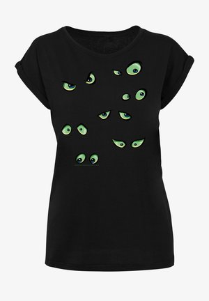 Schwarz kurzärmliges T-Shirt mit einem grafischen Motiv verschiedener grüner Augen mit blauen Akzenten auf der Vorderseite. Weicher Stoff, lockere Passform.