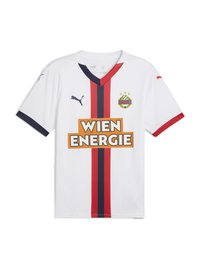 Hvid fodboldtrøje med røde og marineblå lodrette striber, v-hals design og "WIEN ENERGIE" logoet fremtrædende vist. Fremstillet af Puma.