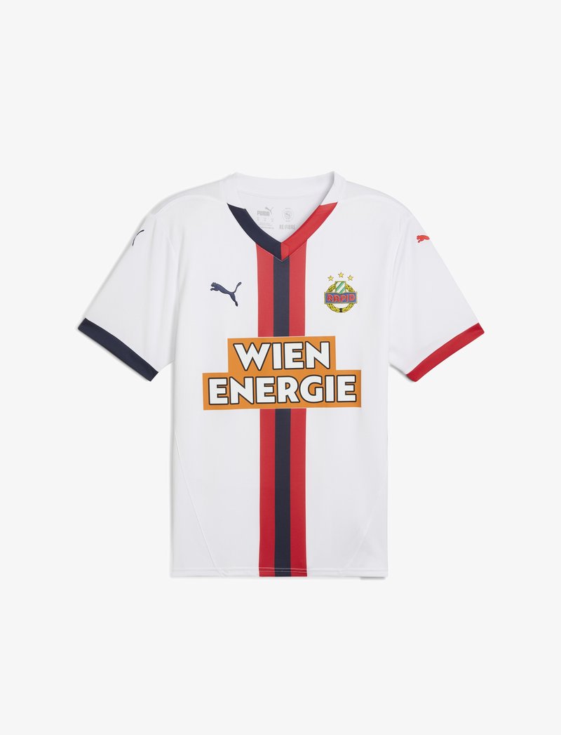 Hvid fodboldtrøje med røde og marineblå lodrette striber, v-hals design og "WIEN ENERGIE" logoet fremtrædende vist. Fremstillet af Puma.