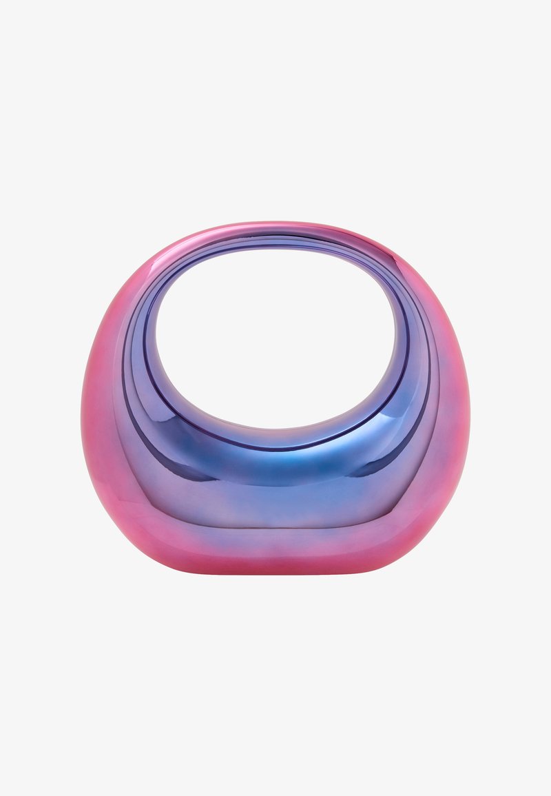 Áttetsző, lekerekített szélekkel rendelkező tál, amely rózsaszín és lila színátmenetet mutat, sima, fényes felülettel.