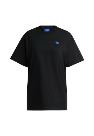 Black cotton T-shirt with a crew neck, short sleeves, and a small blue smiley logo on the left chest. Plain design, soft texture.