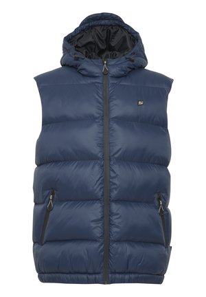 Navy puffer vest with hood, featuring a zip front, two side pockets, and a quilted design for insulation. Smooth, shiny fabric texture.
