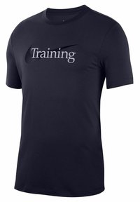 Navy blue cotton T-shirt with short sleeves. Features "Training" in light gray text and a stylized Nike swoosh logo.