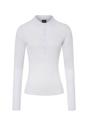 Witte geribde polo met lange mouwen, kraag en vijf knopen aan de voorkant, aangesloten stijl, damesmodetop.