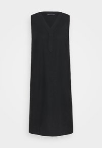 Schwarzes ärmelloses Kleid mit V-Ausschnitt, zentraler Faltenoptik und schlichter Silhouette. Hergestellt aus leichtem Stoff.