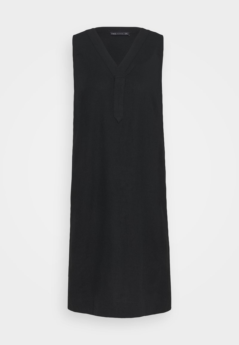 Schwarzes ärmelloses Kleid mit V-Ausschnitt, zentraler Faltenoptik und schlichter Silhouette. Hergestellt aus leichtem Stoff.