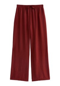 Pantalons à jambes larges dans une couleur rouge profond, fabriqués à partir d'un tissu texturé. Dotés d'une taille élastique avec une cordon de serrage pour l'ajustabilité.