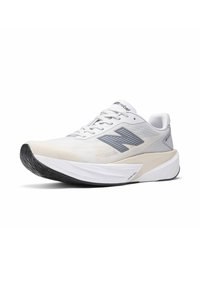 White athletic shoe with a mesh upper and lightweight design, featuring grey accents and a textured black outsole. "FUELCELL" branding on the side.