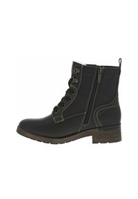 Bottines noires avec un extérieur en cuir texturé, un devant à lacets, une fermeture éclair sur le côté et un petit talon carré. Elles disposent d'une doublure intérieure confortable.
