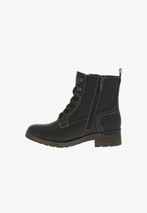 Bottines noires avec un extérieur en cuir texturé, un devant à lacets, une fermeture éclair sur le côté et un petit talon carré. Elles disposent d'une doublure intérieure confortable.