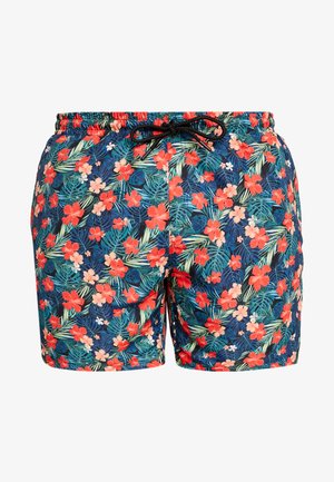 Kratki kupaći šorts s vibrantnim cvjetnim uzorkom u crvenoj i ružičastoj boji na tamnoplavoj pozadini. Elastična pojas s crnim vezicom.