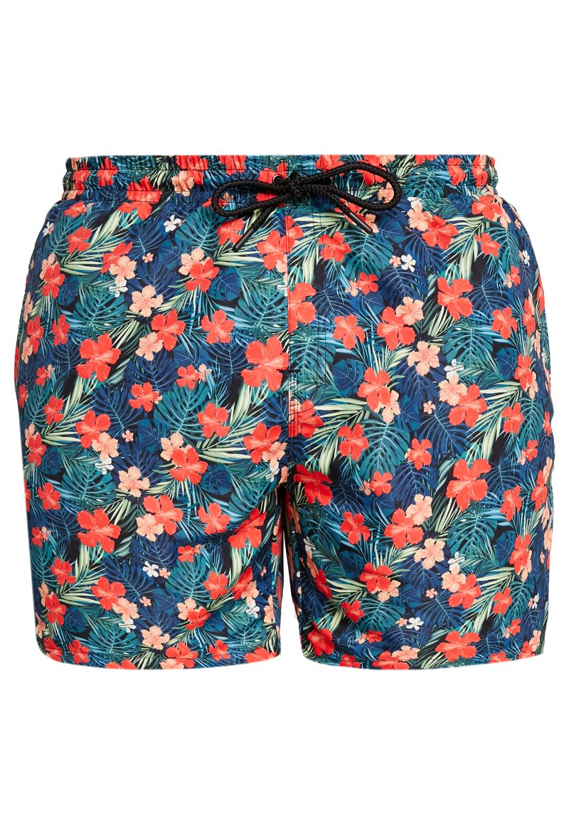 Kurze Schwimmshorts mit einem lebhaften Blumendesign in Rot und Pink auf einem dunkelblauen Hintergrund. Elastischer Bund mit einer schwarzen Kordel.