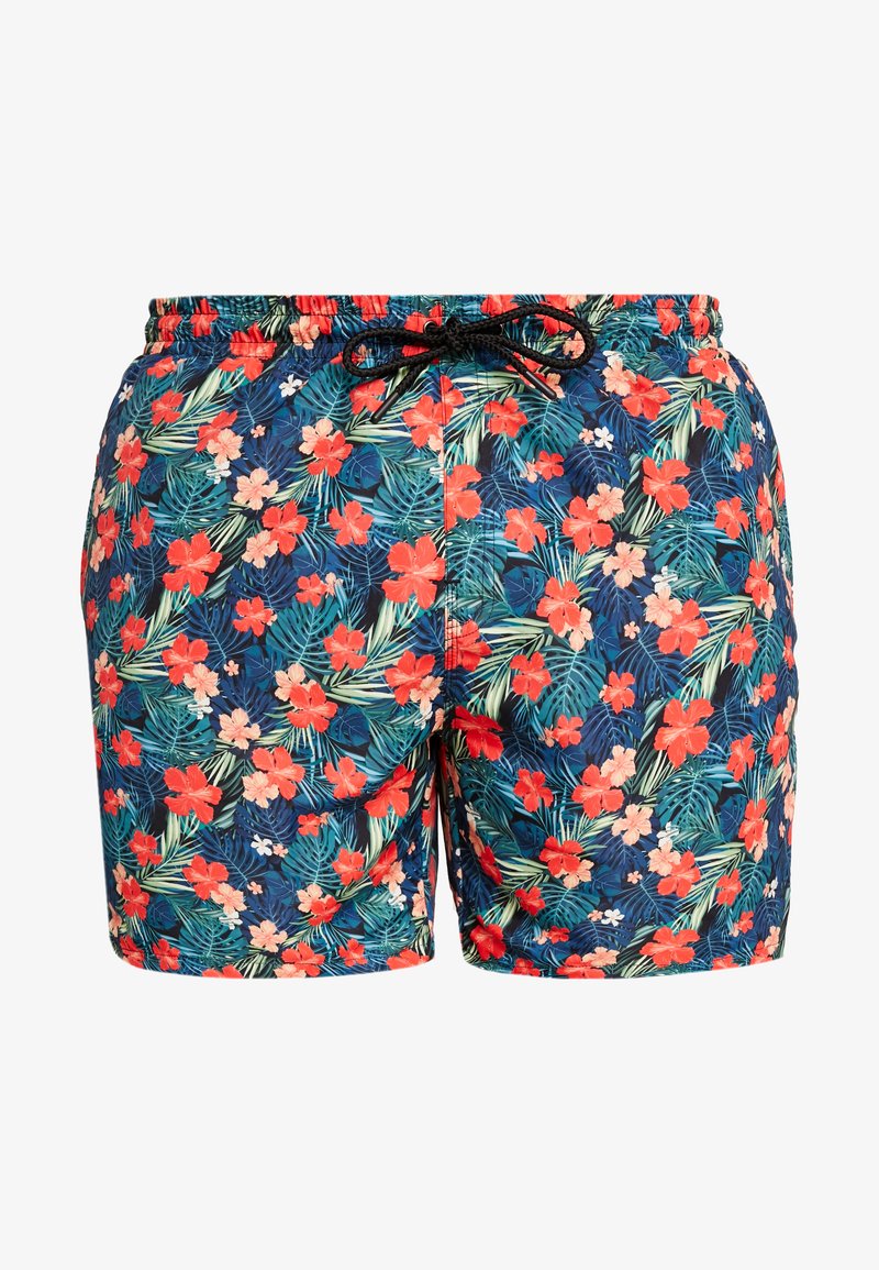 Shorts de bain courts avec un motif floral vibrant en rouge et rose sur un fond bleu foncé. Taille élastique avec un cordon noir.