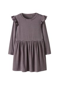 Gestreepte langermige jurk in mauve en crème, met geruflede schouderaccenten en een gathered taille, met een uitlopende rok-silhouet.