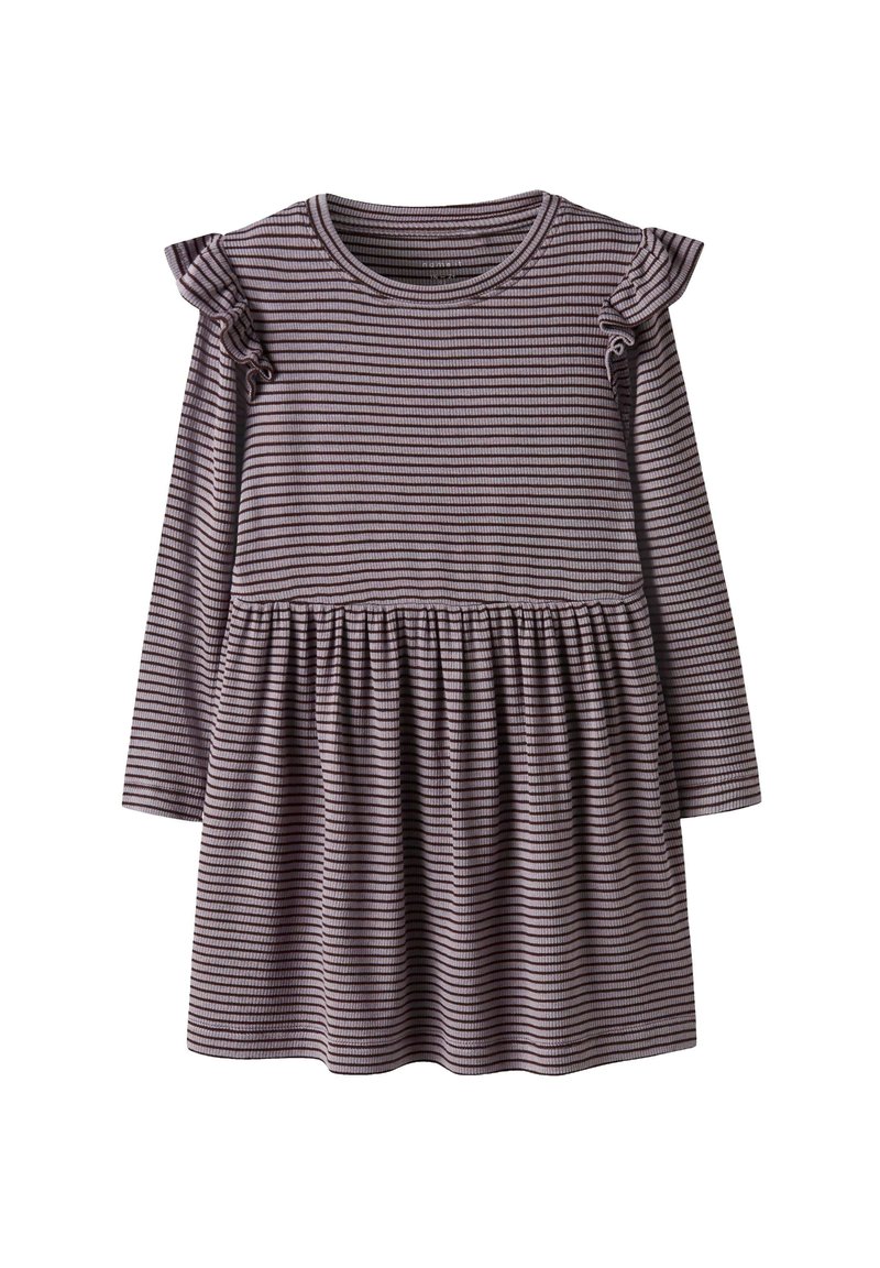 Gestreepte langermige jurk in mauve en crème, met geruflede schouderaccenten en een gathered taille, met een uitlopende rok-silhouet.