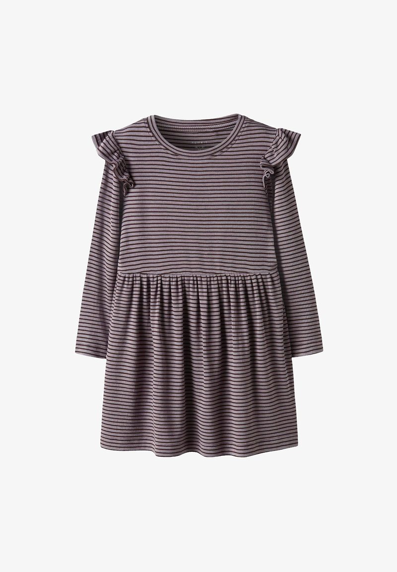 Gestreepte langermige jurk in mauve en crème, met geruflede schouderaccenten en een gathered taille, met een uitlopende rok-silhouet.