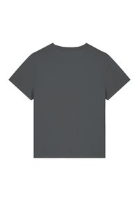 Donkergrijze T-shirt met korte mouwen en een ronde hals, gemaakt van soepele stof. De achterkant heeft geen zichtbare patronen of accenten.