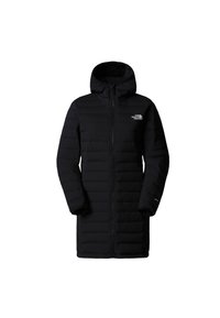 Długi czarny puchowy płaszcz z kapturem, z pionowym pikowaniem, przednim zamkiem błyskawicznym i logo The North Face w górnym lewym rogu.