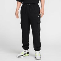 Pantalones cargo negros con una cinturilla elástica y cordón ajustable. Presenta bolsillos laterales y un logo en el muslo izquierdo. Tejido texturizado.