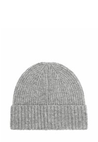 Szary wełniany czapka beanie z prążkowanym mankietem, z teksturowanym wzorem i gładkim wykończeniem. O zaokrąglonym kształcie z bezszwowym wierzchem.