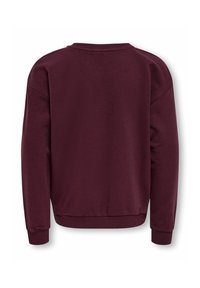 Sweat-shirt uni bordeaux foncé à manches longues avec poignets, ourlet et col côtelés, vu de dos sur fond blanc.