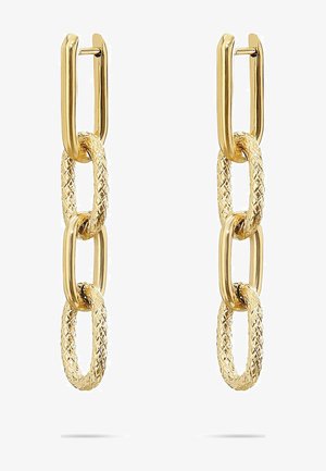 Guld hoops øreringe med struktureret, flettet design med sammenflettede kæder. Teksturen står i kontrast til glatte, rektangulære accenter.