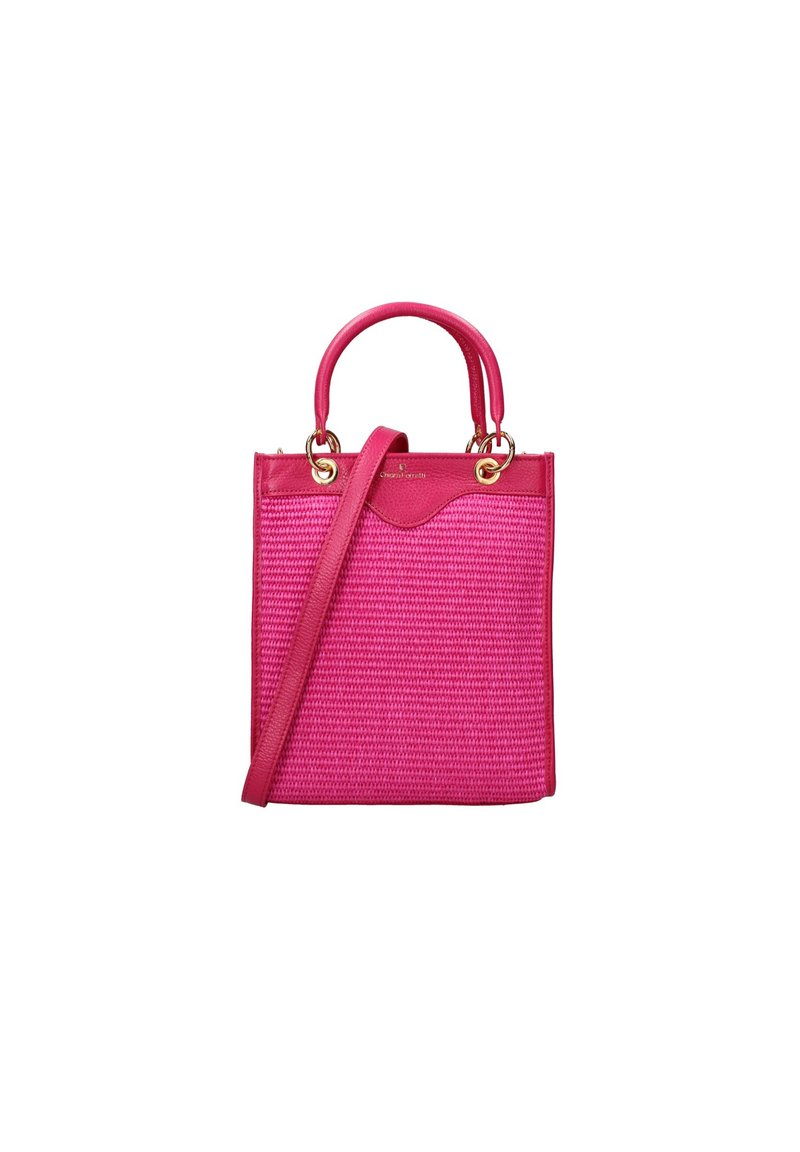 Borsa a tracolla intrecciata rosa con una forma strutturata, doppi manici superiori, tracolla staccabile e dettagli in metallo dorato.