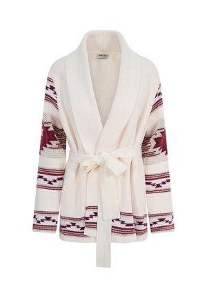 Cream cardigan with a wrap design, featuring maroon geometric patterns on sleeves and a matching belt, made from textured knit fabric.