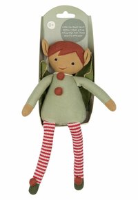 Zachte stoffen elfpop met een groene outfit, rode accenten en gestreepte benen. Heeft een glimlachend gezicht met rozige wangen en puntige oren.