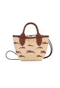 Sac en paille tissé avec des accents en cuir marron, présentant des motifs de chevaux répétés, des poignées courtes et une bandoulière ajustable.